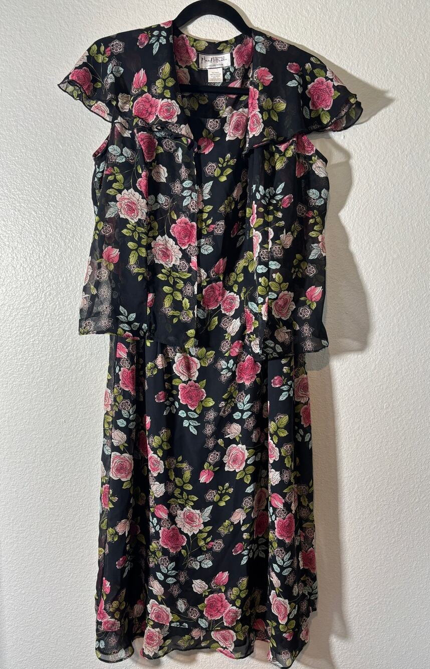 Vintage Mary McFadden Womens Size 14 Black Floral Dress & Cardigan Two-Piece Set